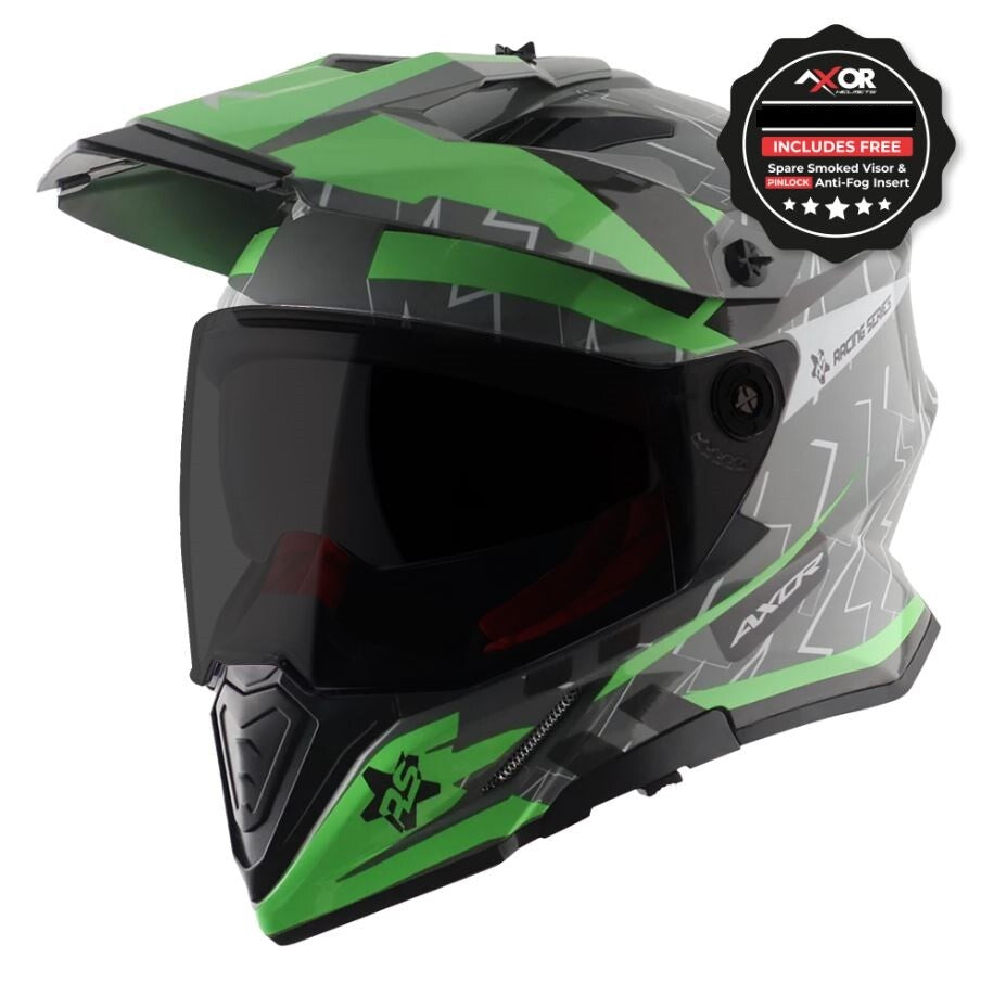 Axor X-Cross Adventure Dual Sport Helmet Grey/Green Free Smoke Visor & Pinlock