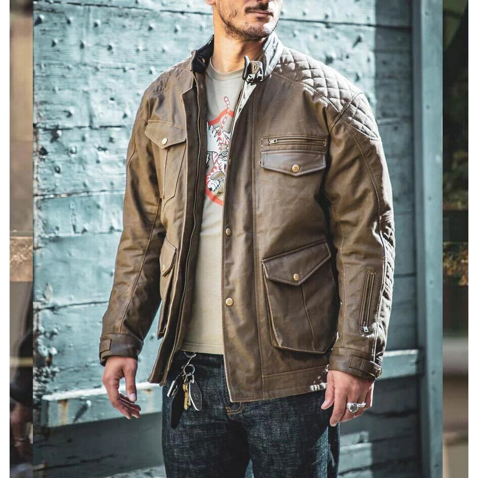 Age of Glory Armoured Retro Motorcycle Mission Waxed Jacket Brown CE AAA Large