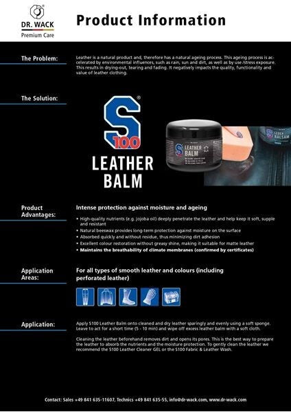 Dr Wack S100 Leather Balm Motorcycle Motorbike Leather Protection - 250ml
