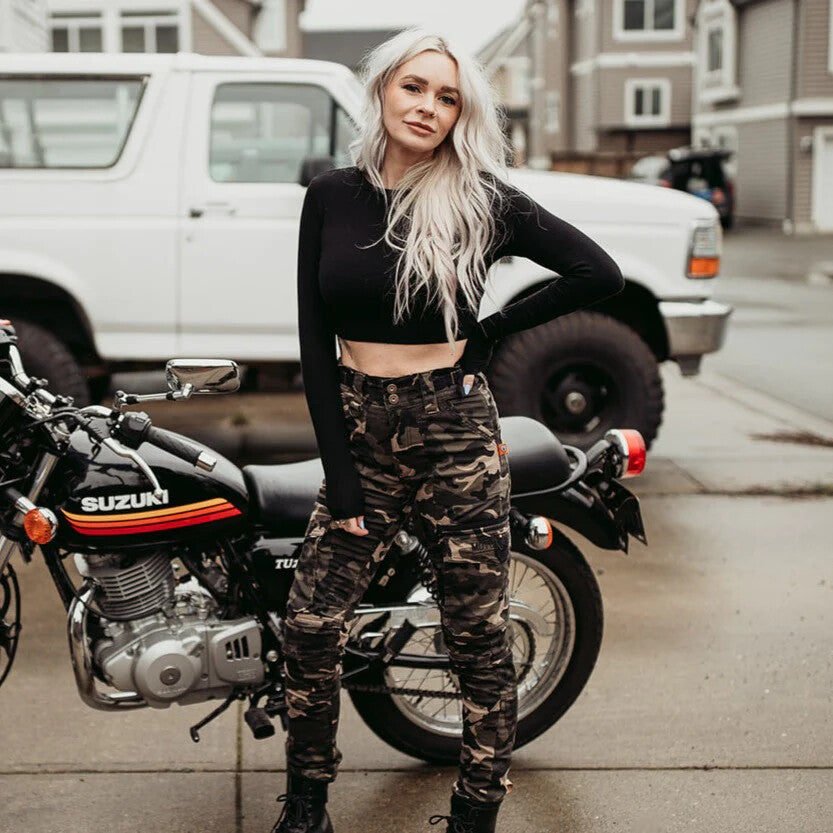 Moto Girl Lara Cargo Camo Ladies Motorcycle Motorbike Armoured Cargo Trousers