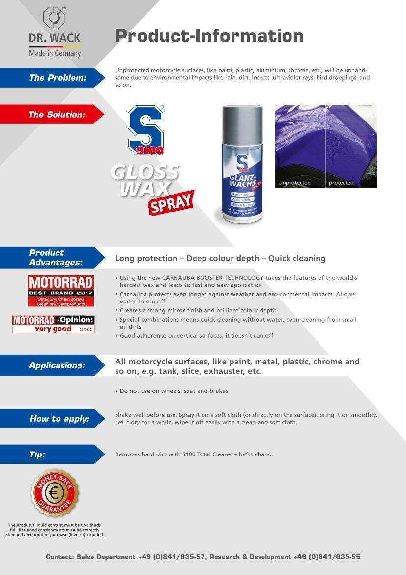 Dr Wack S100 Gloss Wax Spray Motorcycle Motorbike Carnauba Wax - 250ml