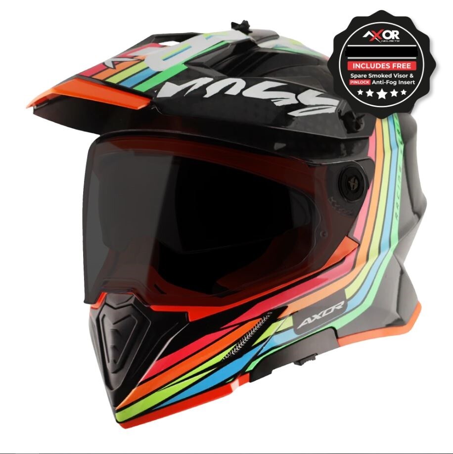 Axor X-Cross Adventure Dual Sport Helmet Black Rainbow Free Smoke Visor Pinlock