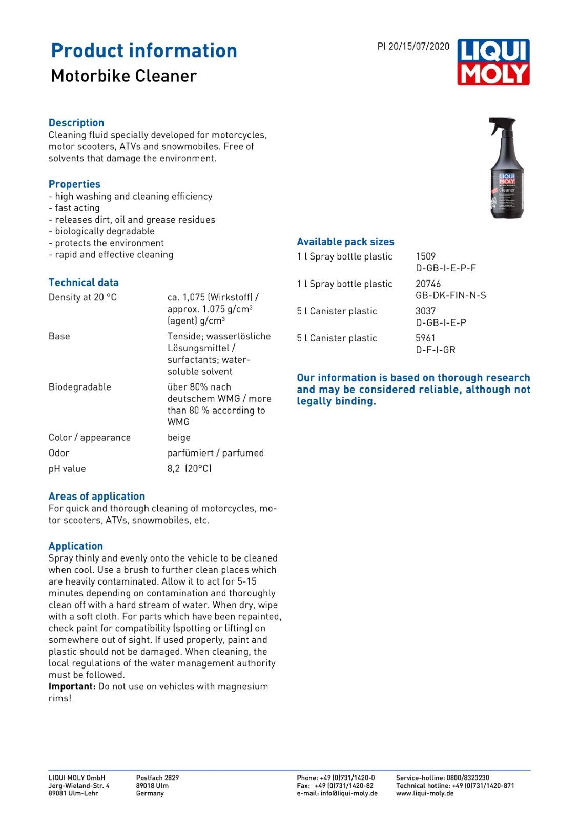 Liqui Moly Motorcycle Motorbike Biodegradable Cleaner Spray 1 Litre