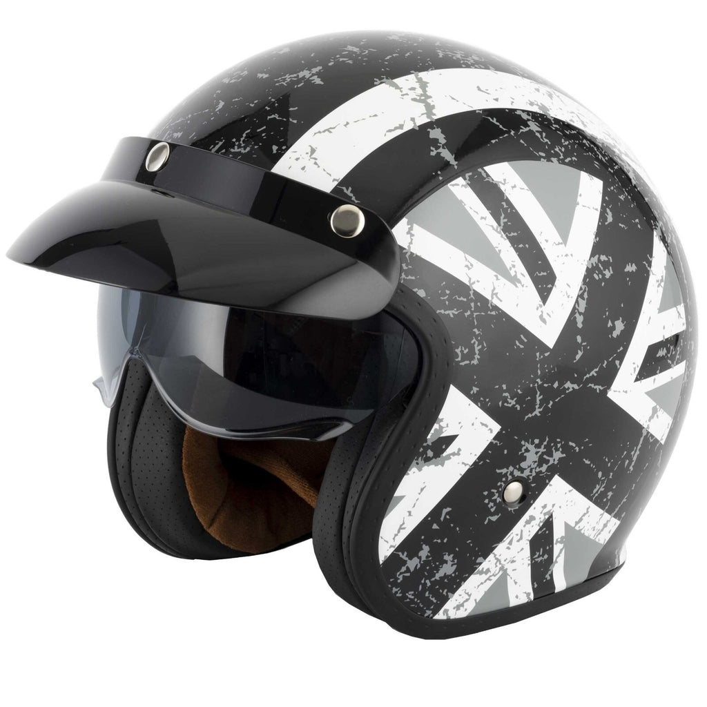 VCAN H589 Classic Retro Open Face Motorcycle Motorbike Helmet Black Union Jack