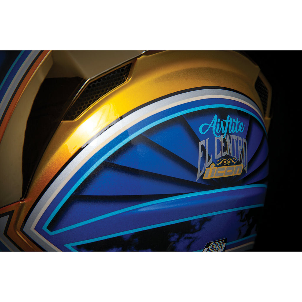 Icon Airflite El Centro Blue Orange Motorcycle Motorbike Helmet Free Gold Visor