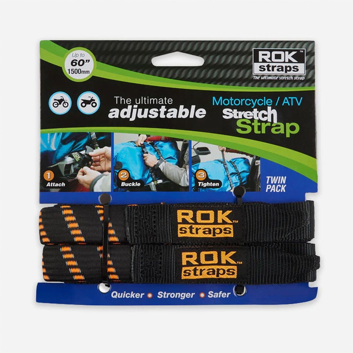 ROK Stretch Strap Adjustable Luggage Strap 450mm - 1500mm Twin Pack Ref Orange