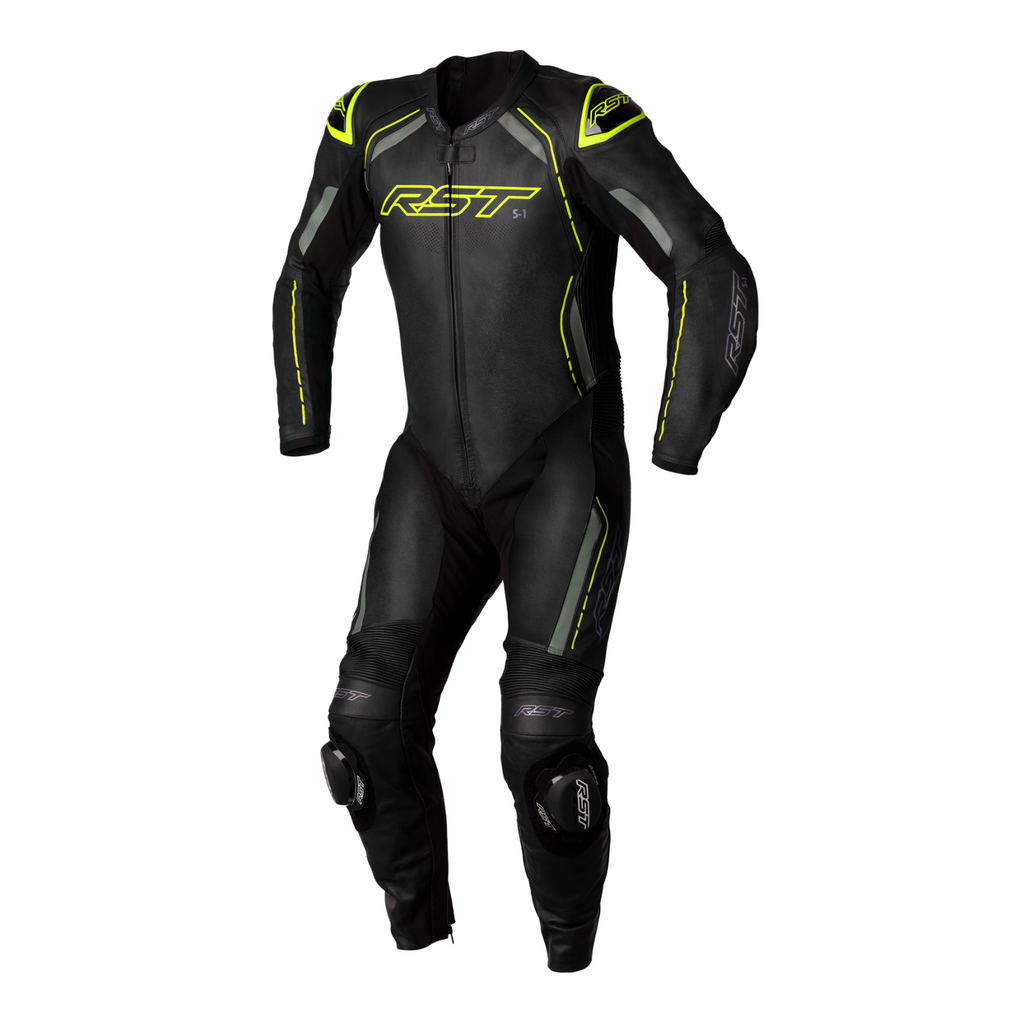 RST S1 CE AAA Rated Leather Motorcycle Motorbike Race 1 Pc Suit Black Grey Fluo