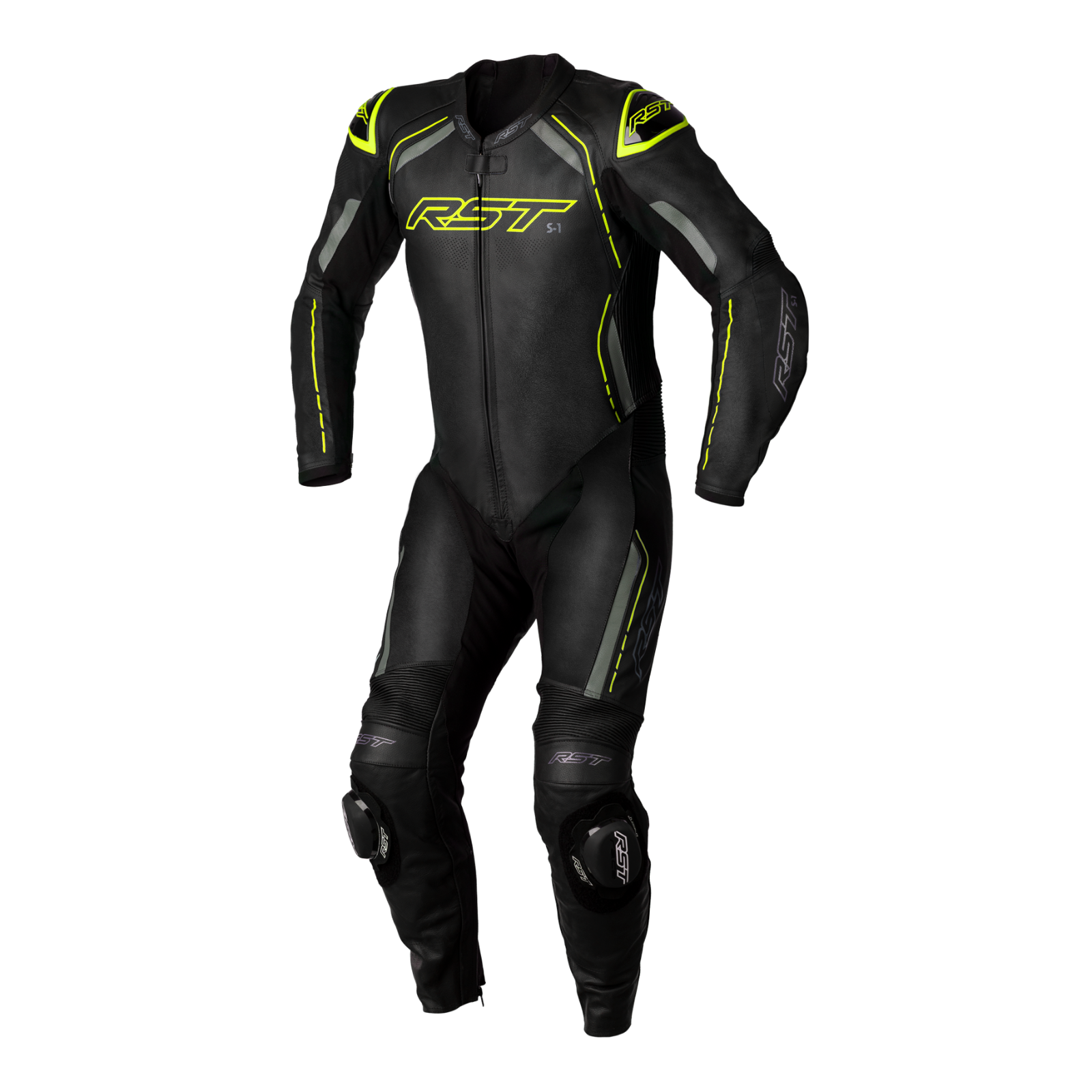 RST S1 CE AAA Rated Leather Motorcycle Motorbike Race 1 Pc Suit Black Grey Fluo
