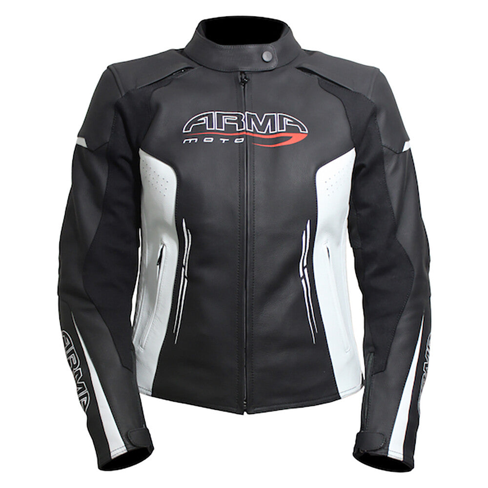 ARMR Moto Kimi Ladies Leather Motorcycle Motorbike Jacket - Black & White