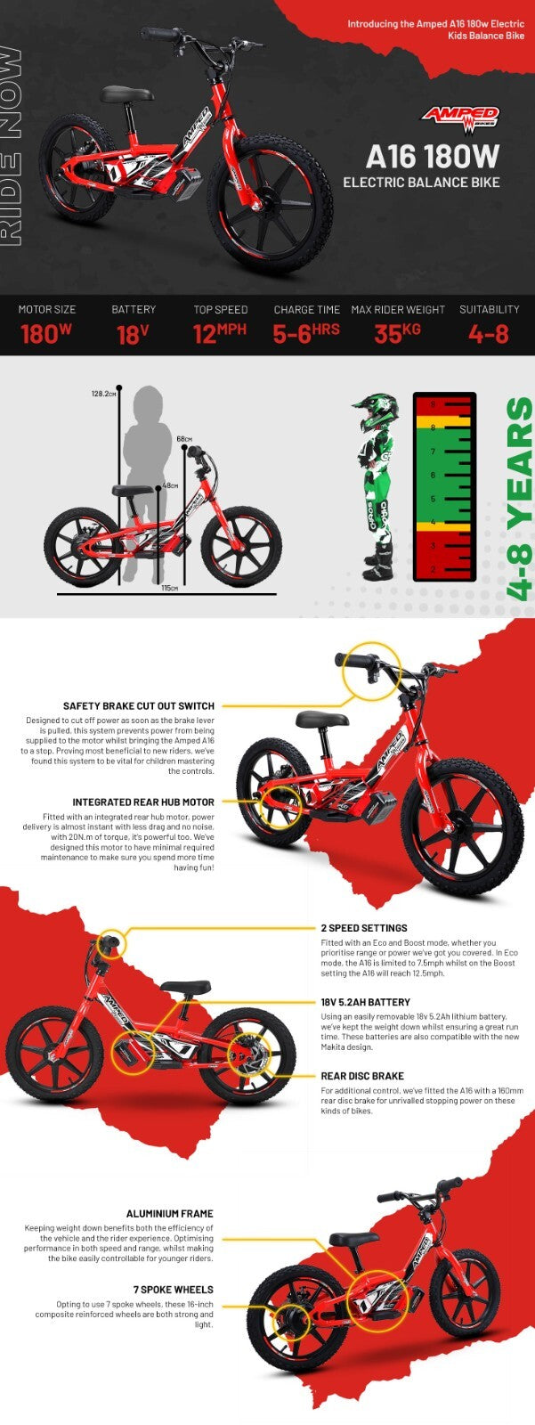 Amped A16 Red 180w 18v Electric Kids Age 4 to 8 Balance Bike White Red New 2025