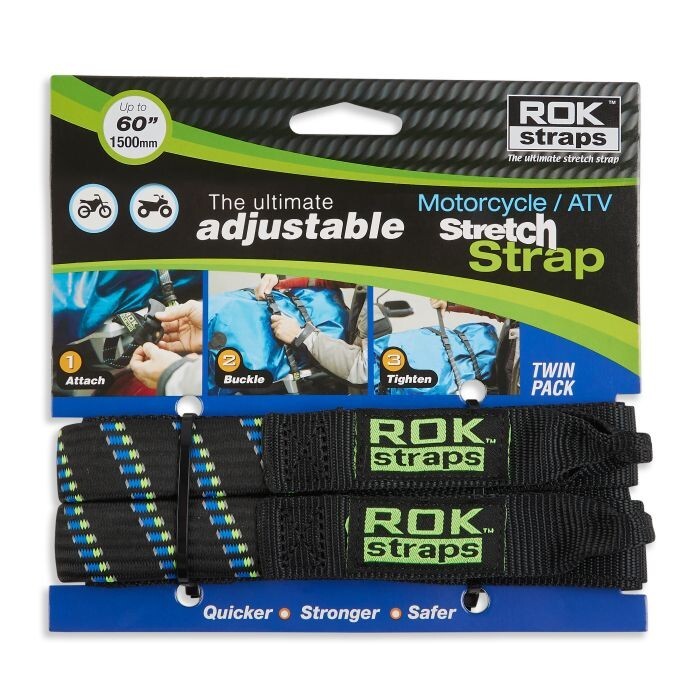 ROK Stretch Strap Adjustable Luggage Strap 450mm - 1500mm Twin Pack Ref Blu Gre