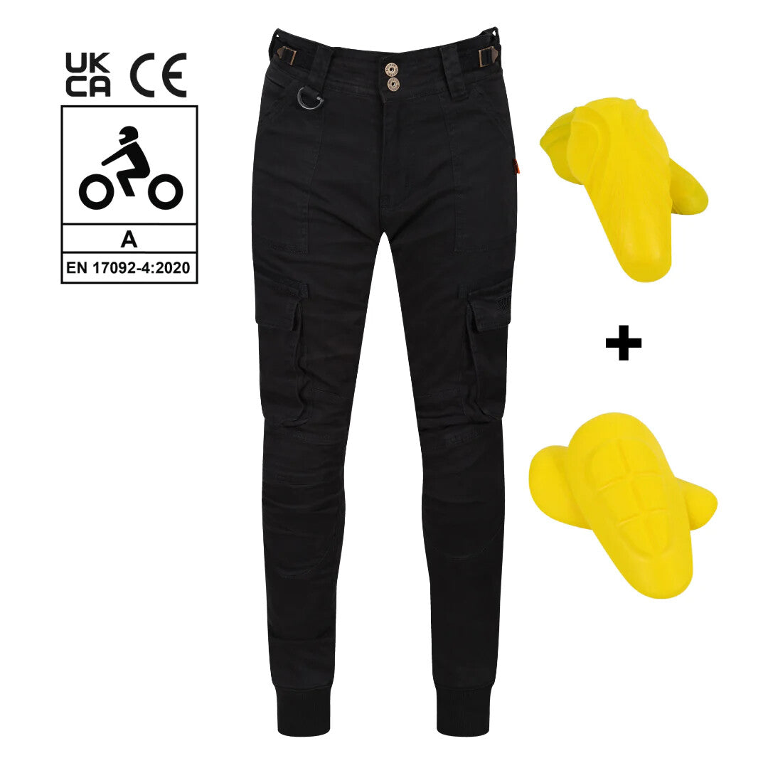 Moto Girl Lara Cargo Black Ladies Motorcycle Motorbike Armoured Cargo Trousers