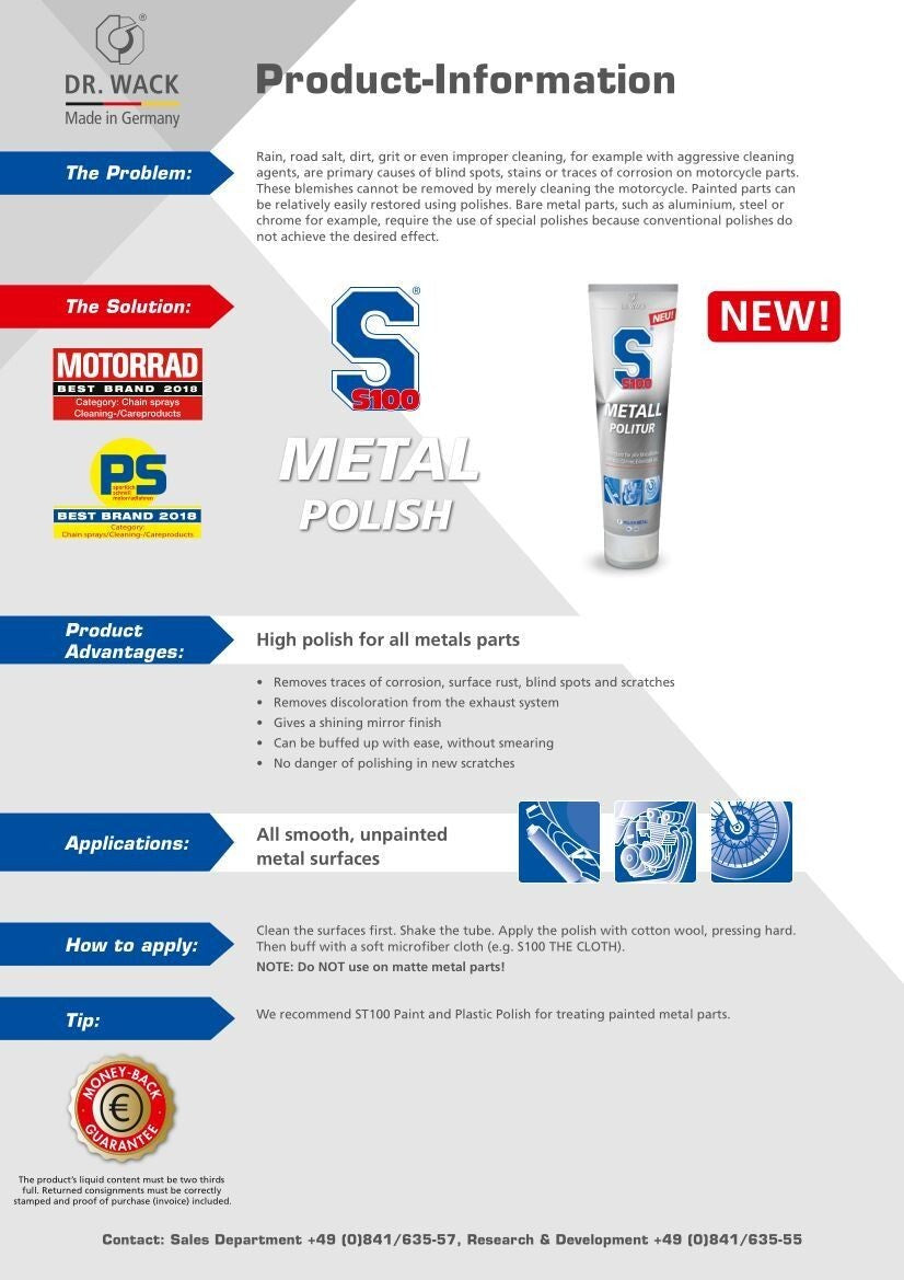 Dr Wack S100 Motorcycle Motorbike Metal Polish Compound - 100ml