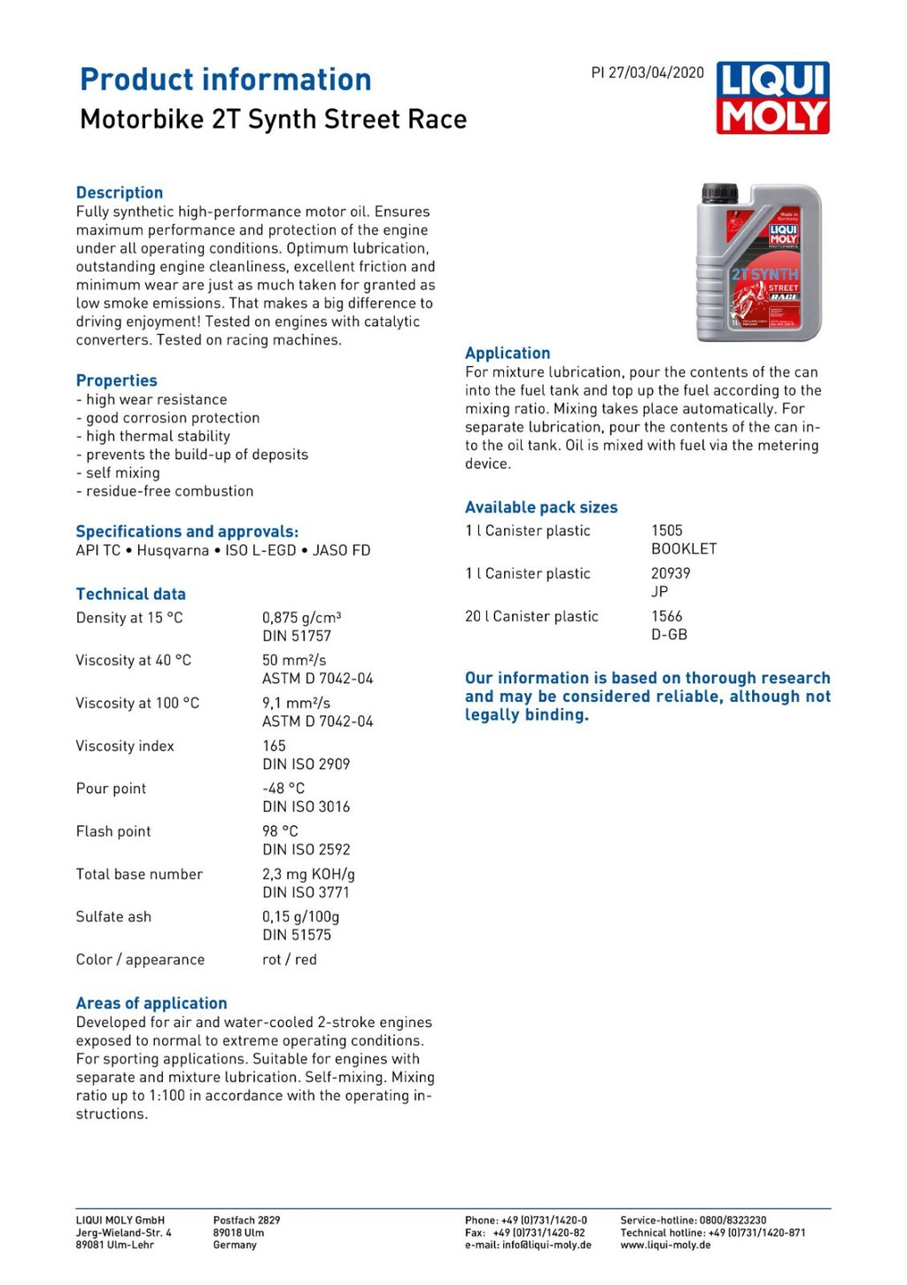 Liqui Moly 2T Fully Synthetic Street Race 2 Stroke Motorcycle Motorbike Oil 1L