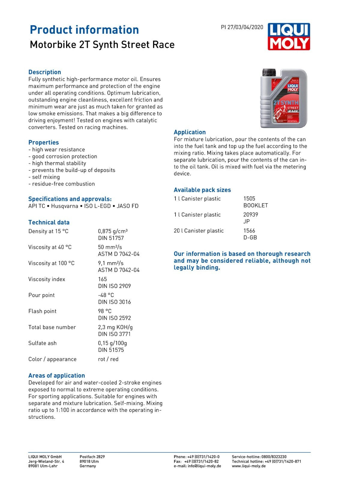 Liqui Moly 2T Fully Synthetic Street Race 2 Stroke Motorcycle Motorbike Oil 1L