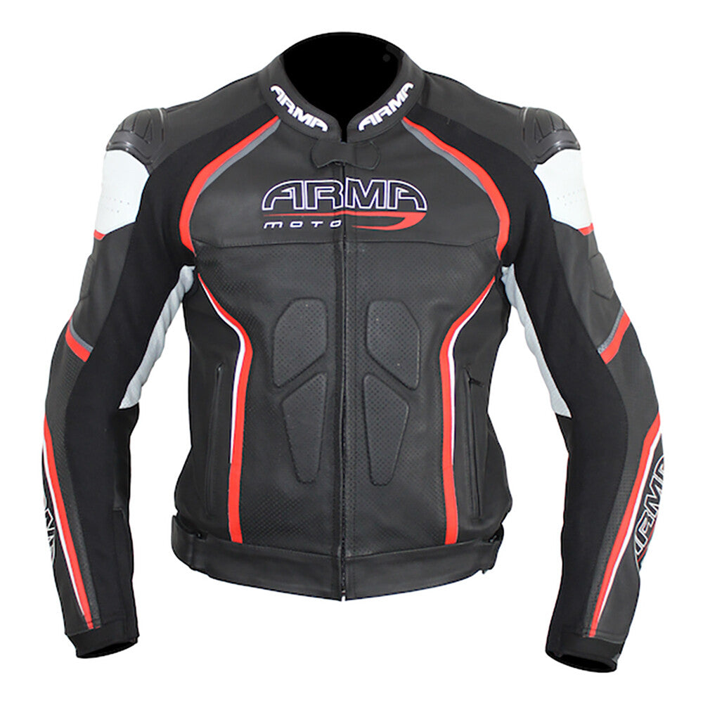ARMR Moto Harada R Leather Motorcycle Motorbike Sports Jacket - Black Red - UK50