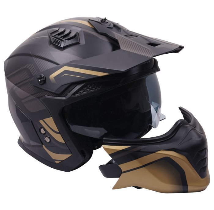 Stealth Fighter Convertible Motorcycle Bike Full & Open Face Helmet Black Gold