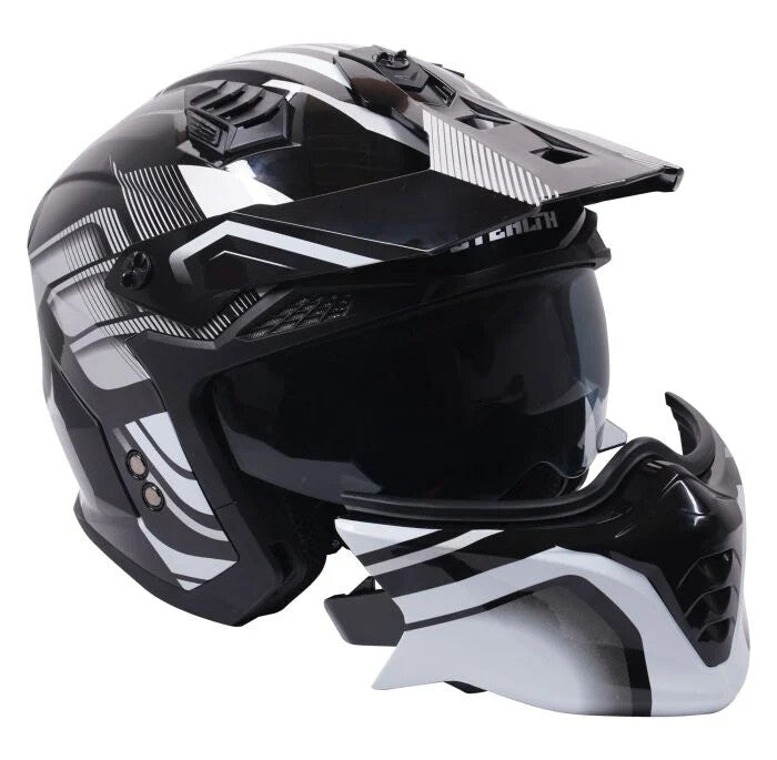 Stealth Fighter Convertible Motorcycle Bike Full & Open Face Helmet Black White