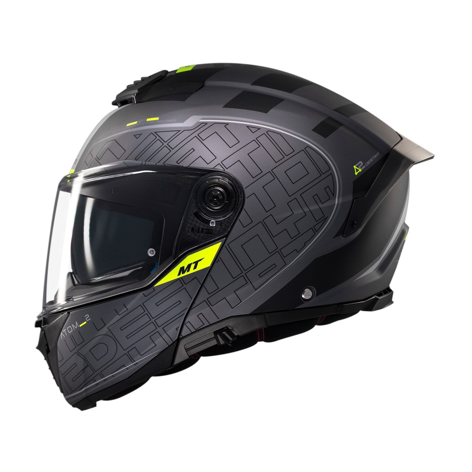 MT Helmets Atom 2 Destiny Matt Black Fluo Flip Motorcycle Motorbike Helmet