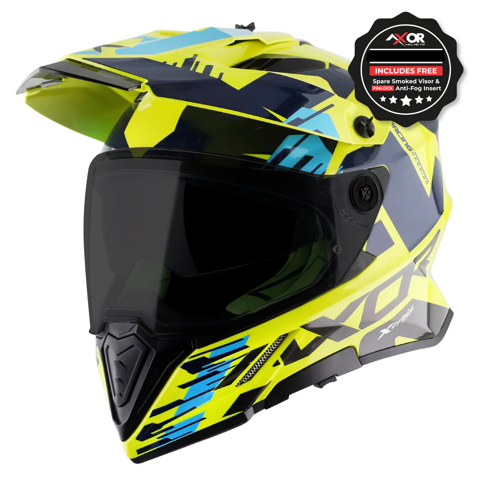 Axor X-Cross Adventure Dual Sport Helmet Blue Yellow Free Smoke Visor & Pinlock