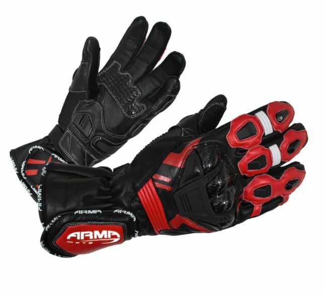 ARMR Moto S870 Leather Sports Race Motorcycle Motorbike Aramid Glove Black Red
