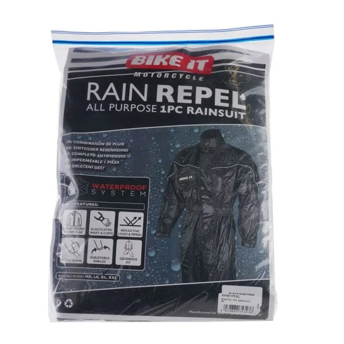 BikeTek Deluxe Rain Suit Waterproof Motorcycle Motorbike 1pc Over Suit - Black