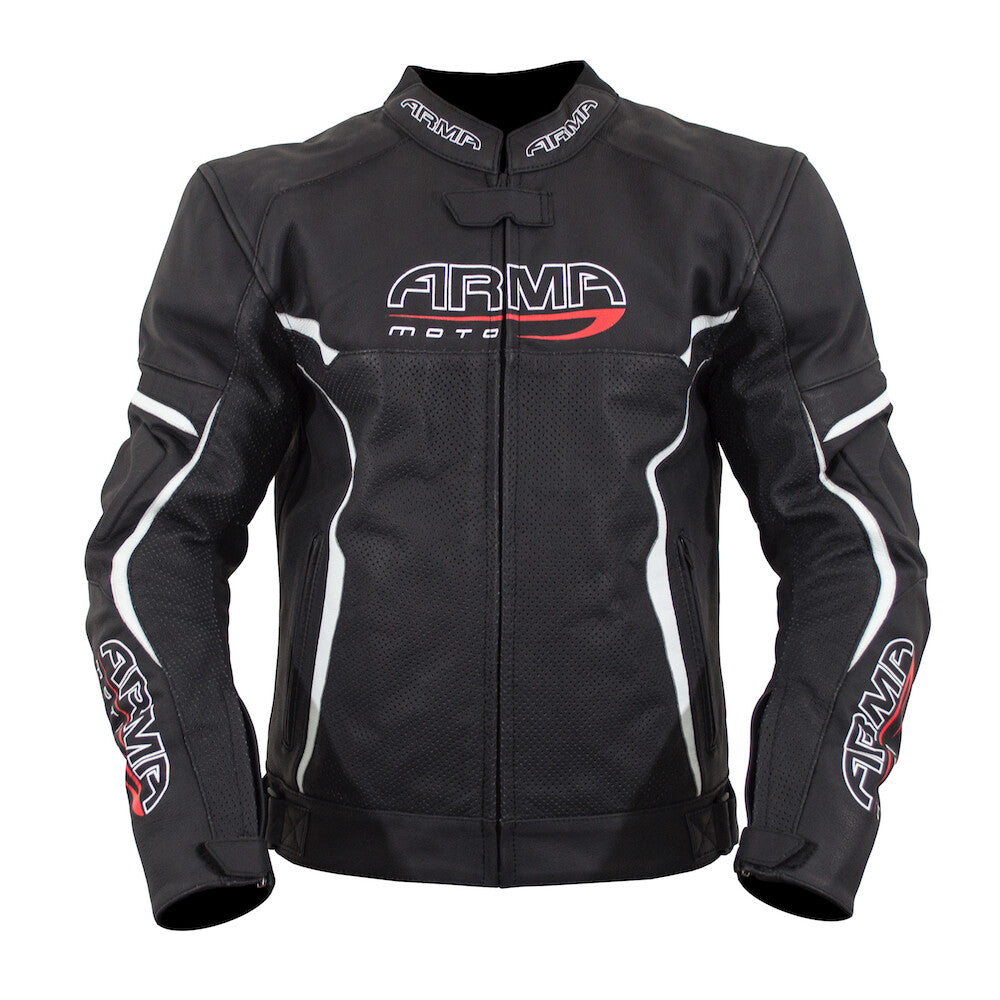 ARMR Moto Raiden Sports Vented Leather Motorcycle Motorbike Jacket Black & White
