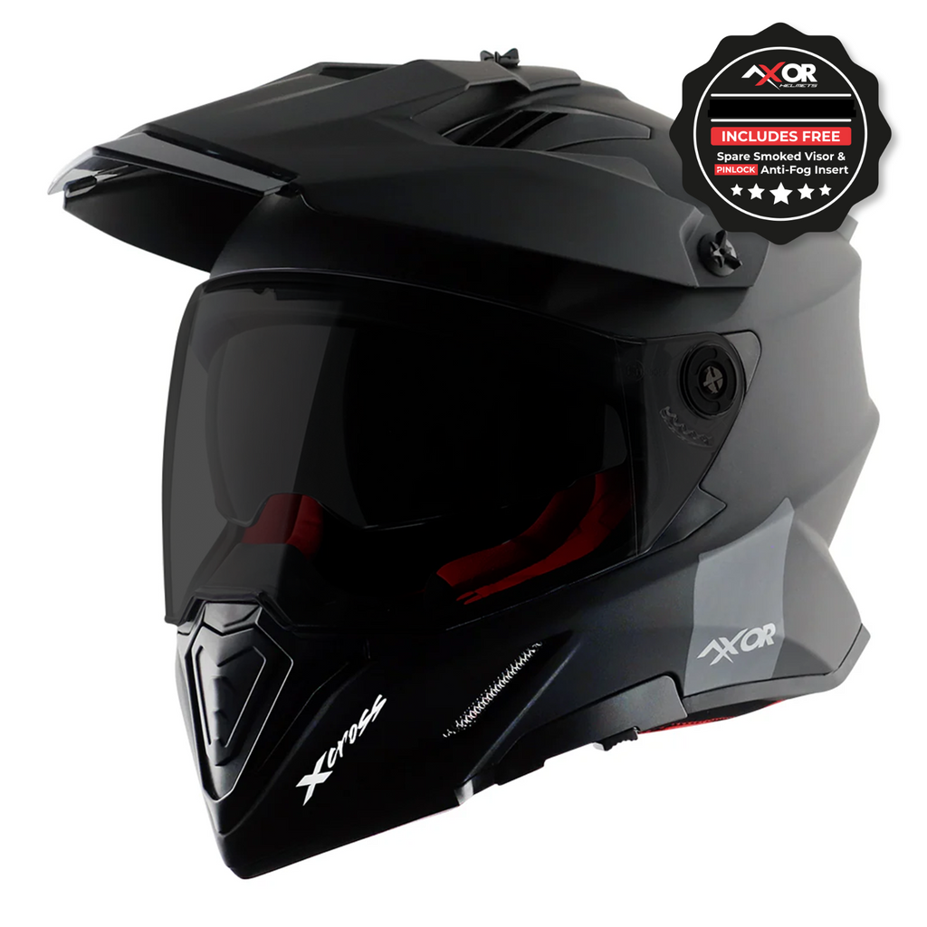 Axor X-Cross Adventure Dual Sport Helmet Matt Black, Free Smoke Visor & Pinlock