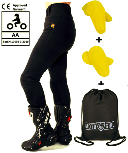 Moto Girl Ladies Aramid Lined Motorcycle Motorbike Ribbed Knee Leggings - Black