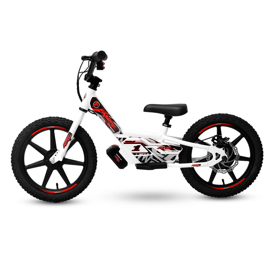 Amped A16 Red 180w 18v Electric Kids Age 4 to 8 Balance Bike White Red New 2025