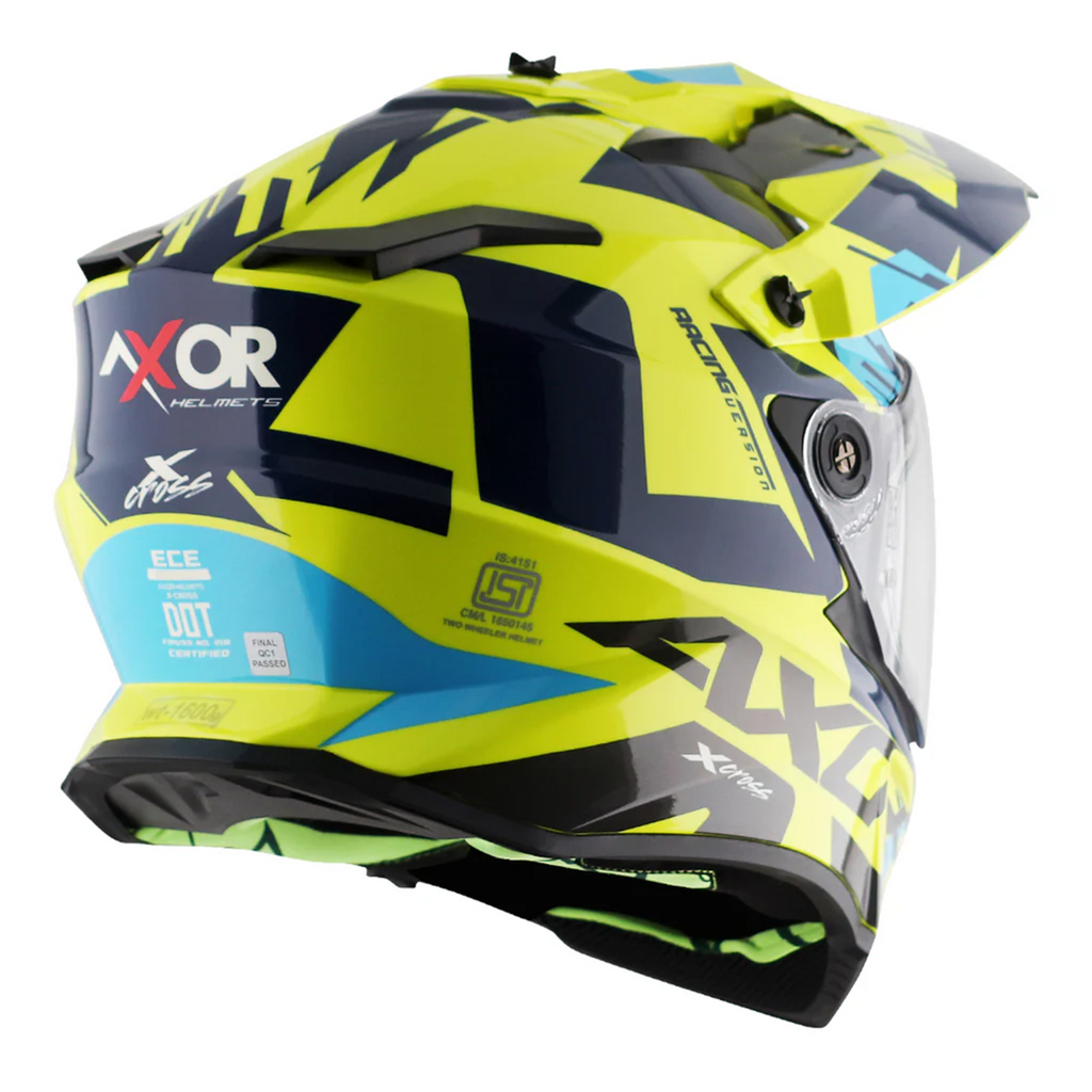 Axor X-Cross Adventure Dual Sport Helmet Blue Yellow Free Smoke Visor & Pinlock
