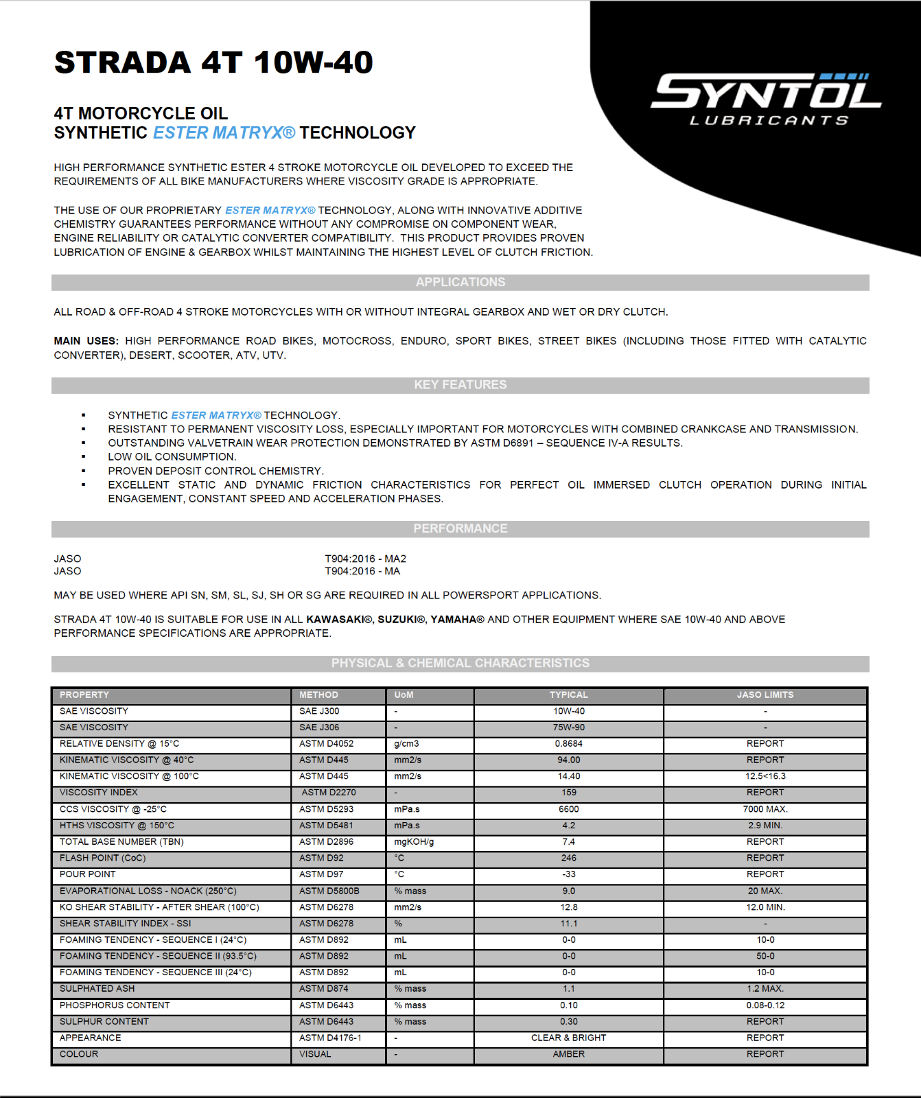 Syntol Strada 4T 10W-40 4 Litre Synthetic Motorcycle Motorbike 4 Stroke Oil