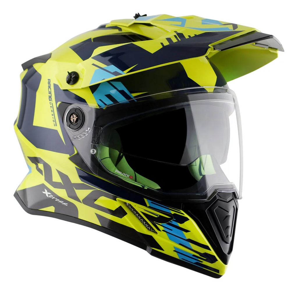 Axor X-Cross Adventure Dual Sport Helmet Blue Yellow Free Smoke Visor & Pinlock