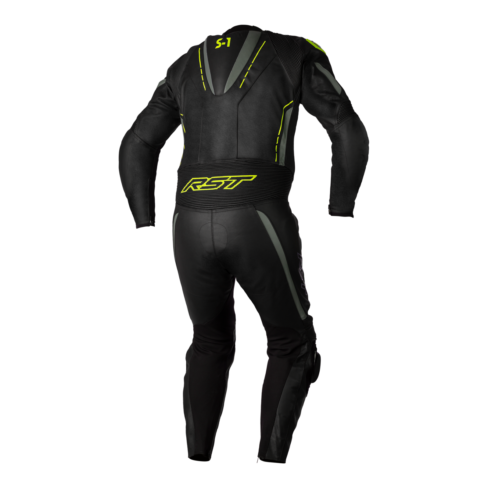 RST S1 CE AAA Rated Leather Motorcycle Motorbike Race 1 Pc Suit Black Grey Fluo