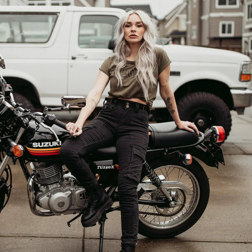 Moto Girl Lara Cargo Black Ladies Motorcycle Motorbike Armoured Cargo Trousers