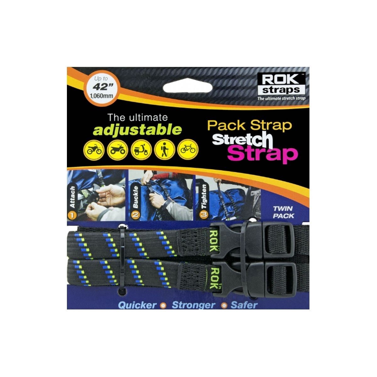 ROK Pack Stretch Strap Adjustable Luggage Strap 300mm - 1060mm Twin Pack Blk Blu