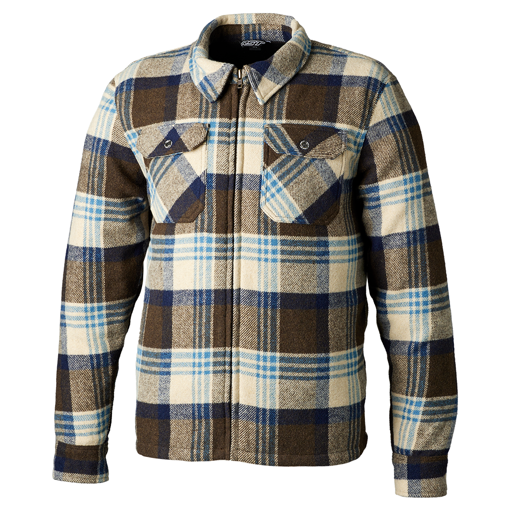 RST Brushed Wool CE Armoured Motorcycle Motorbike Riding Shirt Brown Blue Check