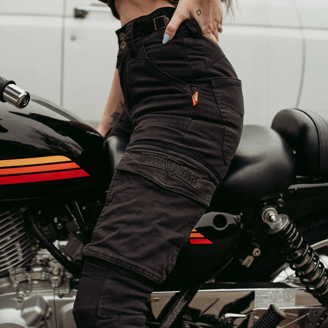 Moto Girl Lara Cargo Black Ladies Motorcycle Motorbike Armoured Cargo Trousers