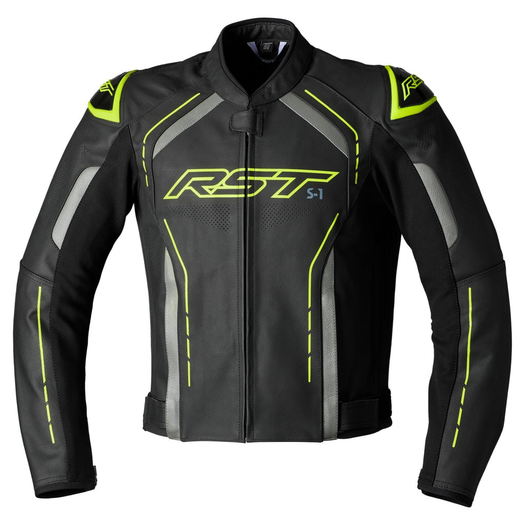 RST S-1 CE AAA Leather Motorcycle Motorbike Sports Jacket - Black Fluo Yellow