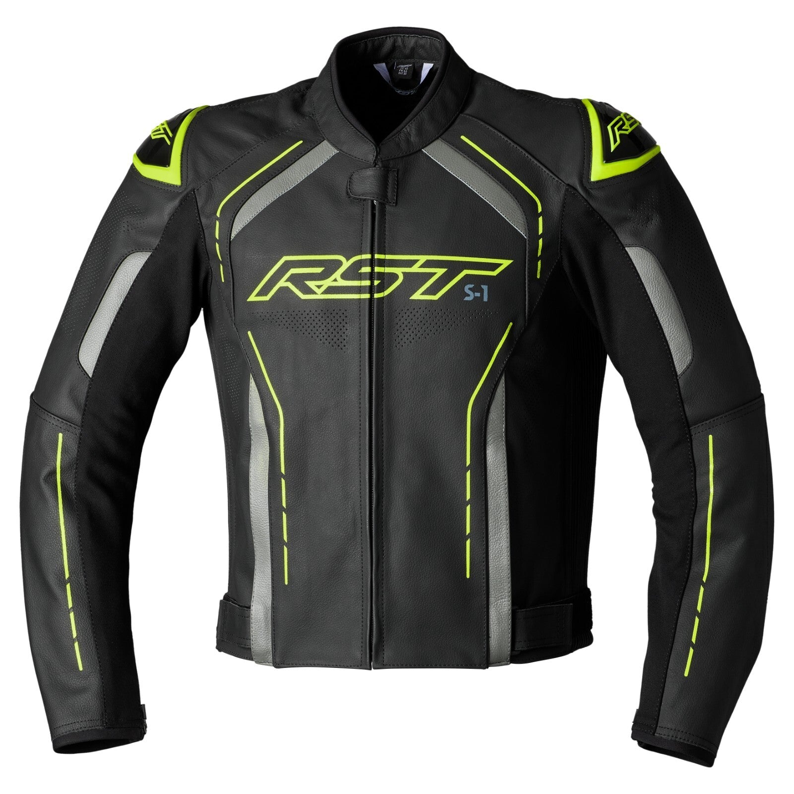 RST S-1 CE AAA Leather Motorcycle Motorbike Sports Jacket - Black Fluo Yellow