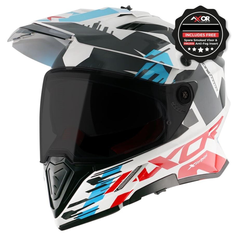 Axor X-Cross Adventure Dual Sport Helmet White Red Free Smoke Visor & Pinlock