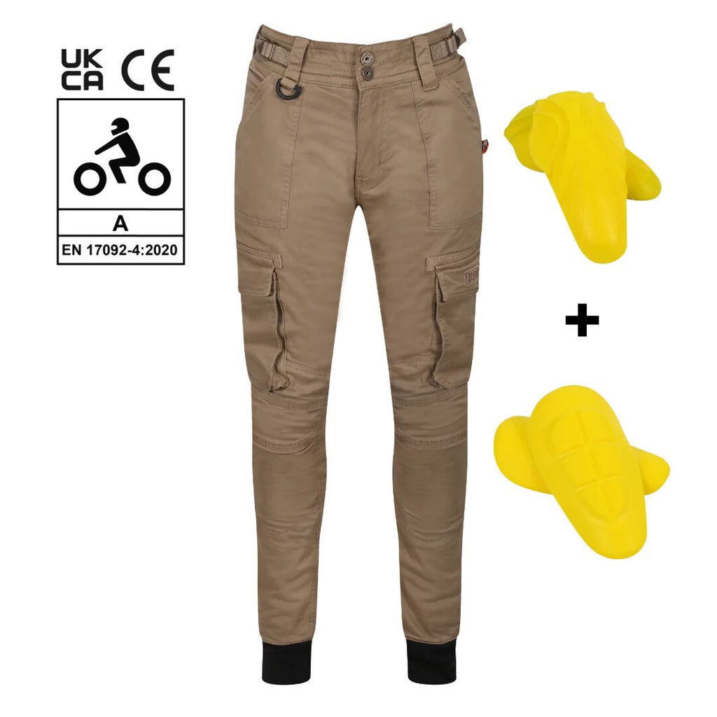 Moto Girl Lara Cargo Beige Ladies Motorcycle Motorbike Armoured Cargo Trousers