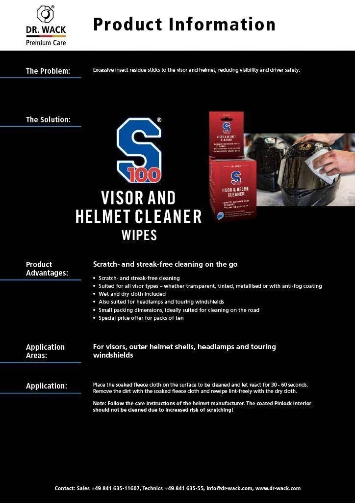 Dr Wack S100 Motorcycle Motorbike Visor & Helmet Cleaner Wipes - Single