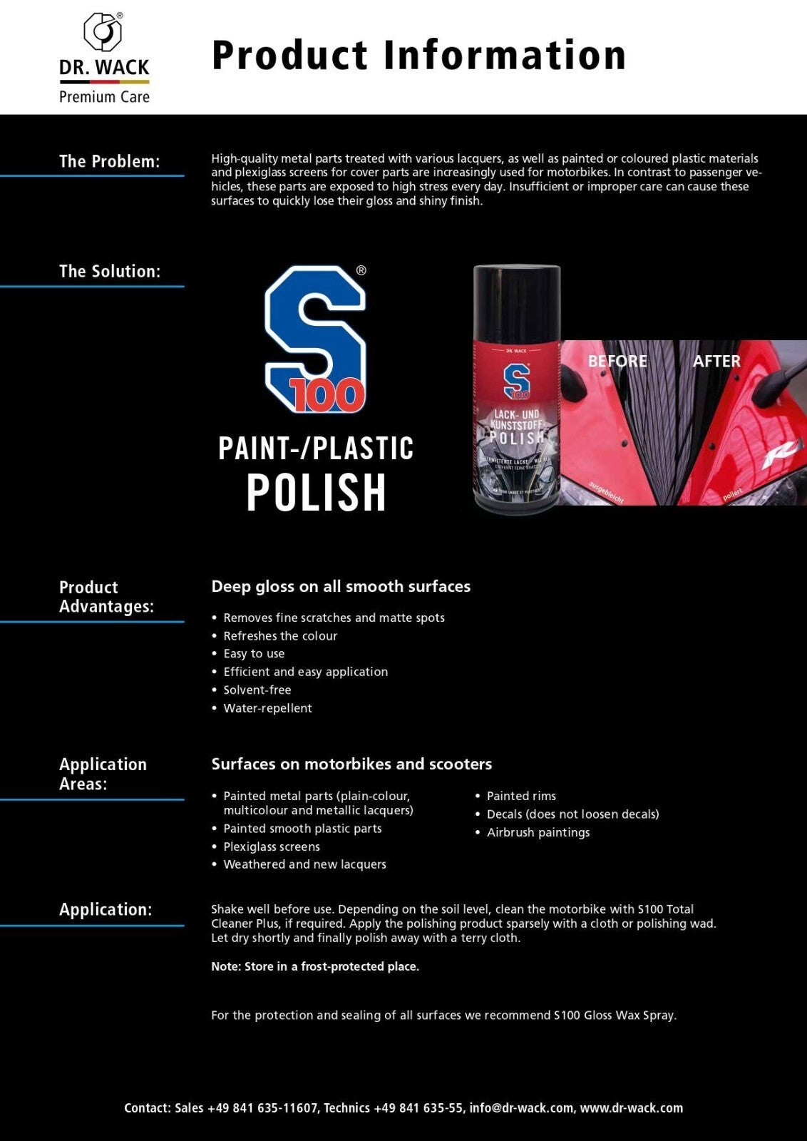 Dr Wack S100 Motorcycle Motorbike Gloss Paint & Plastic Polish Wax - 220ml