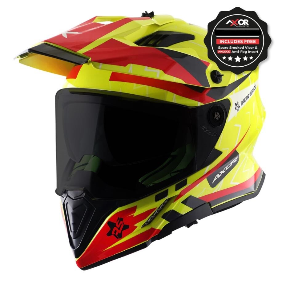 Axor X-Cross Adventure Dual Sport Helmet Yellow Red Free Smoke Visor & Pinlock