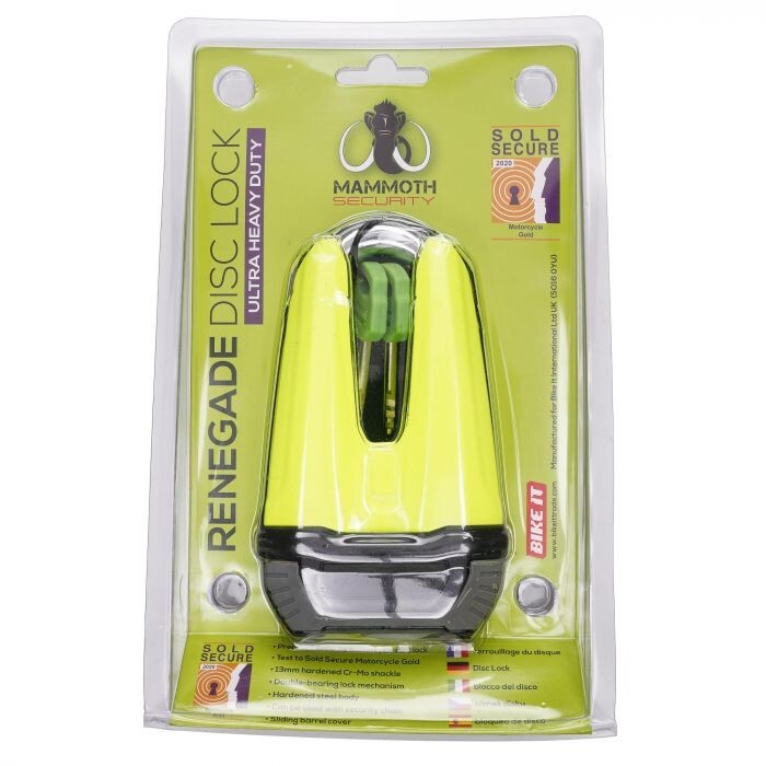 Mammoth Security Renegade Disc Lock 13mm Fluro Yellow Sold Secure Gold Approved
