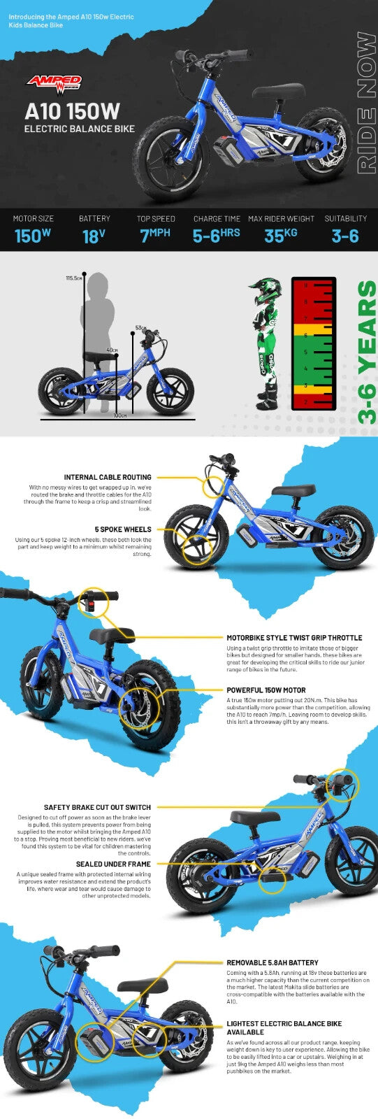 Amped A10 Black 150w 18v Electric Kids Age 3+ Balance Bike - White Red New 2025