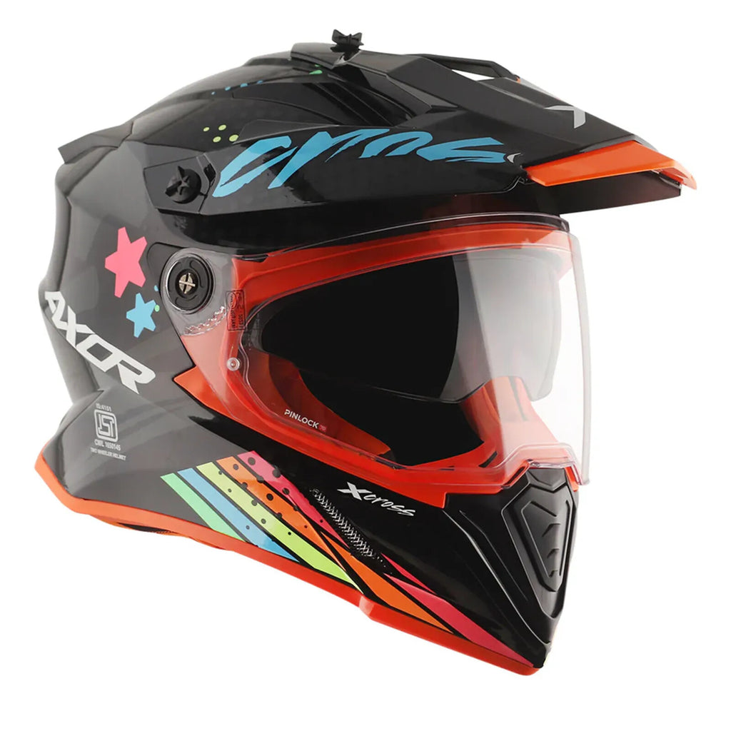 Axor X-Cross Adventure Dual Sport Helmet Black Rainbow Free Smoke Visor Pinlock