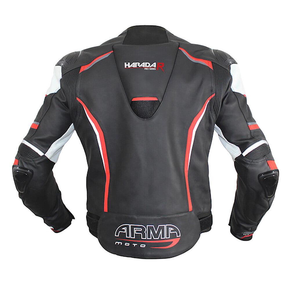 ARMR Moto Harada R Leather Motorcycle Motorbike Sports Jacket - Black Red - UK50